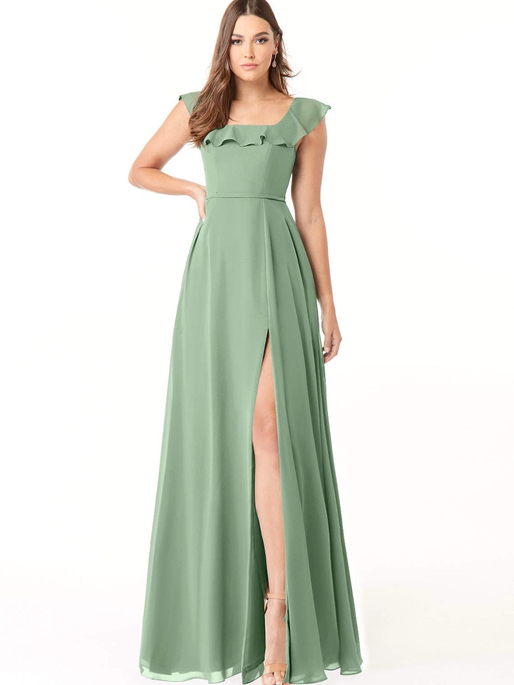 Azazie Sage Green Ruffle-Shoulder Maxi Dress - AZ4407509